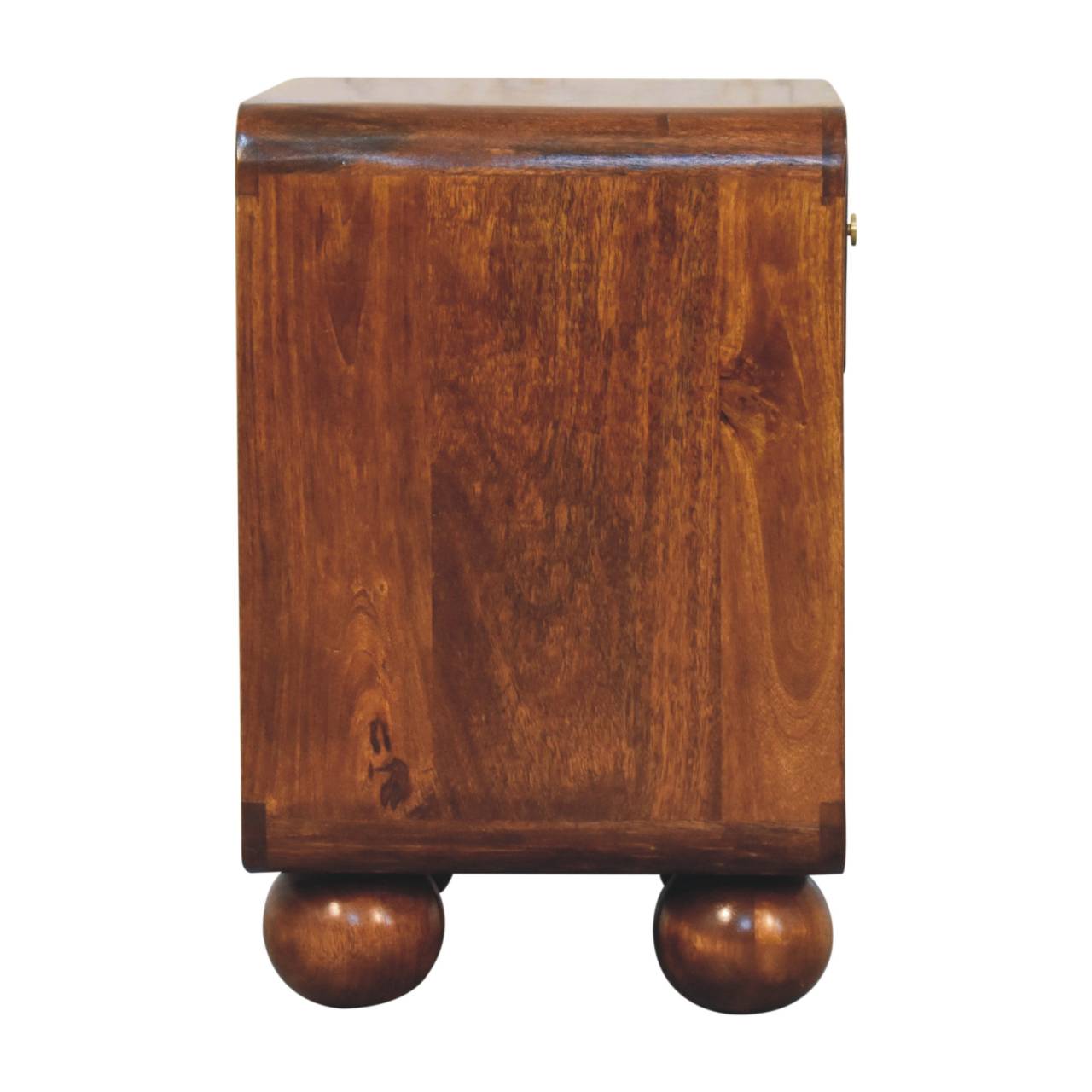 Chestnut woven chest with single drawer, shiny knob, and solid mango wood legs. side view