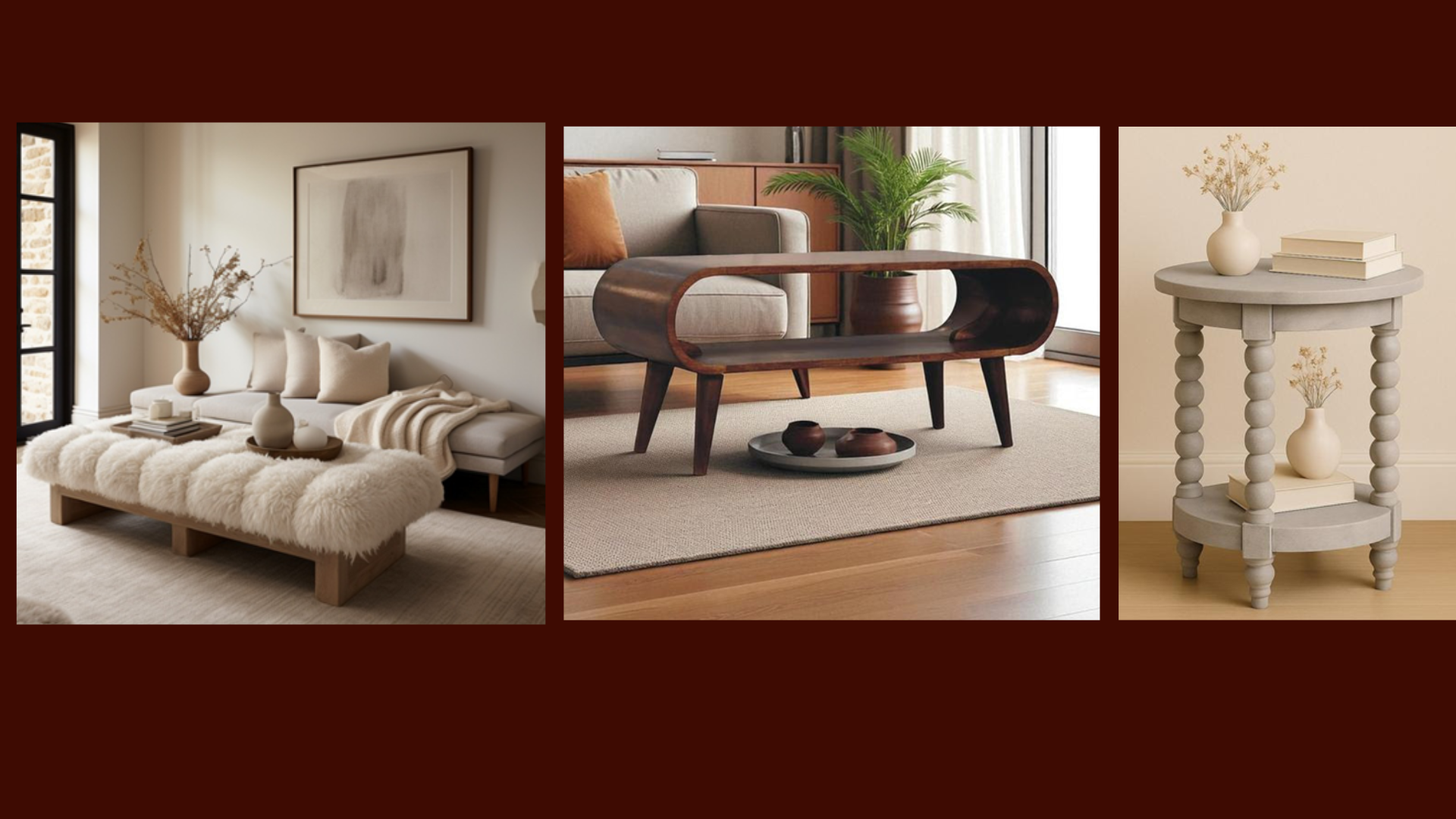 Collage of three interior design images featuring furniture and decor.