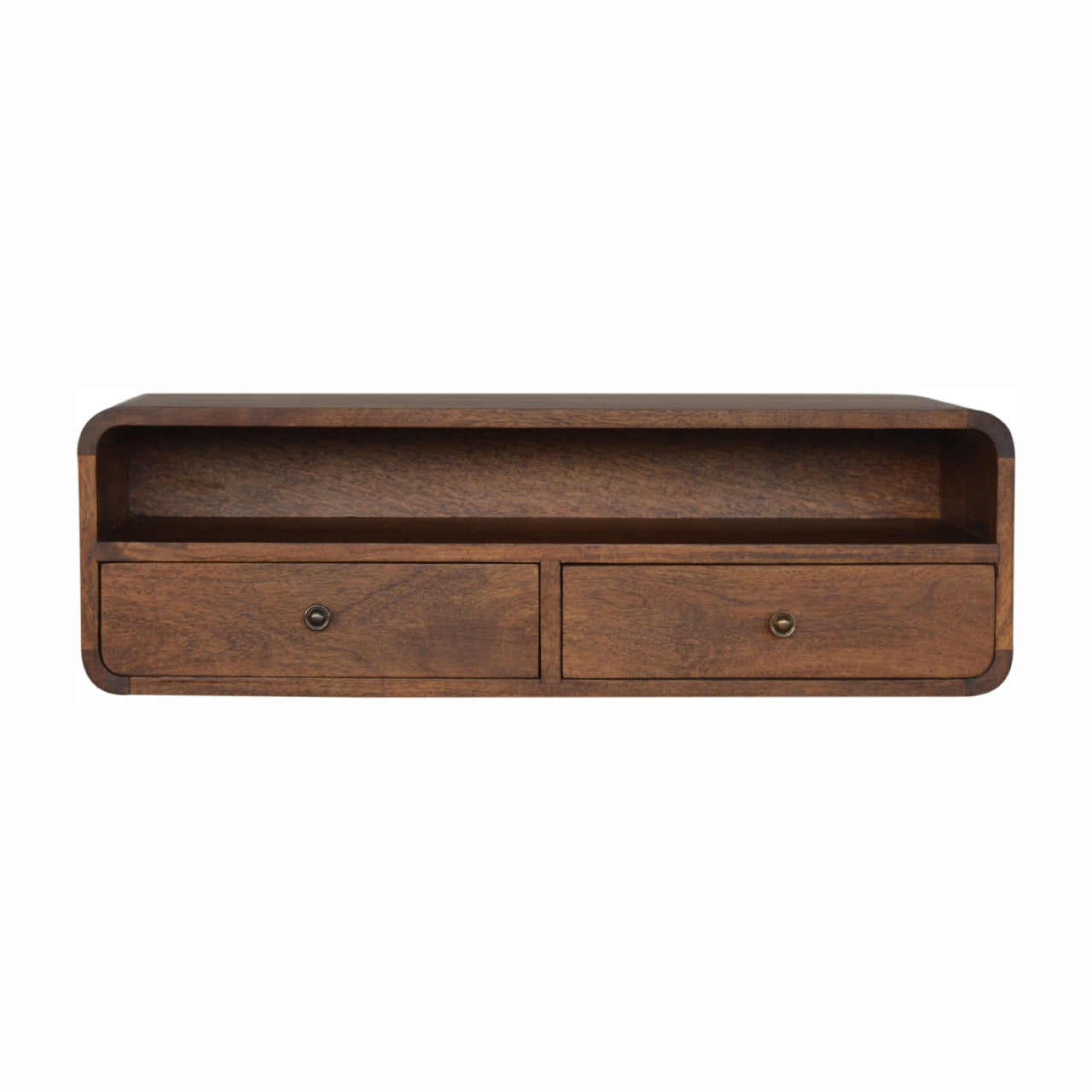 Wall-mounted chestnut console table with two drawers, large open shelf, and curved edges on solid mango wood.