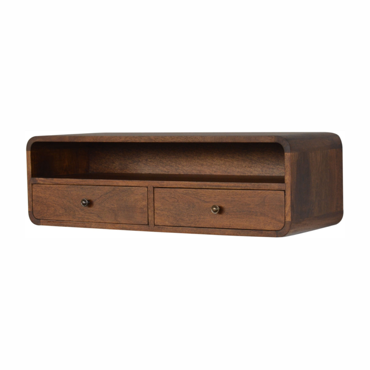 Wall-mounted chestnut console table with two drawers, large open shelf, and curved edges on solid mango wood. Corner view