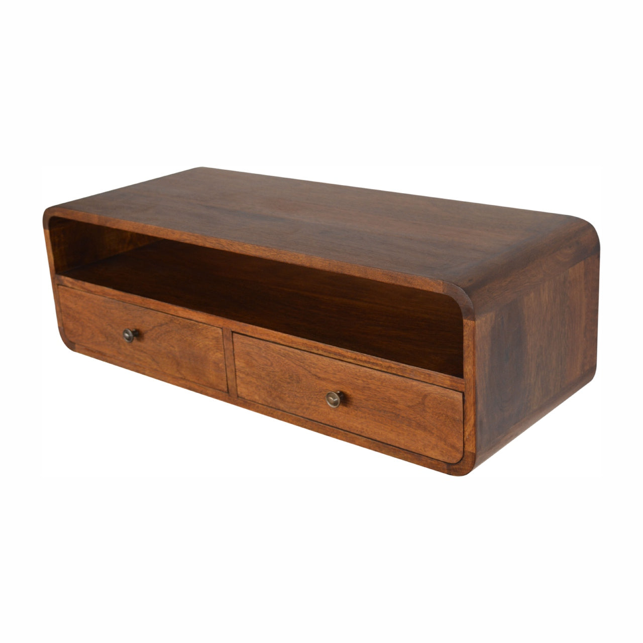 Wall-mounted chestnut console table with two drawers, large open shelf, and curved edges on solid mango wood. Detailed view