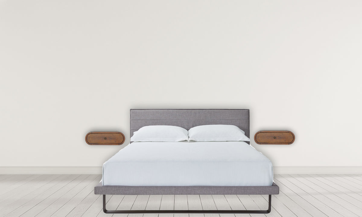 Round Wall-Mounted Chestnut Nightstand – floating circular wooden bedside table. 