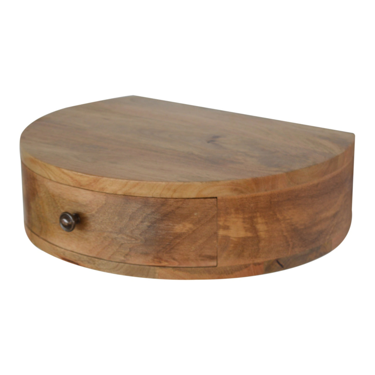 Wall Mounted Rounded Nightstand with 1 drawer, smooth rounded edges, and solid mango wood in oak-ish finish. Detailed view