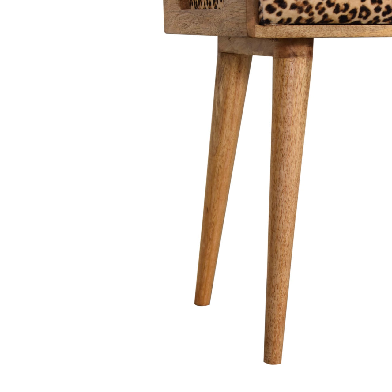 Leopard Velvet Tray Style Footstool with upholstered animal print top and solid mango wood legs. Leg view