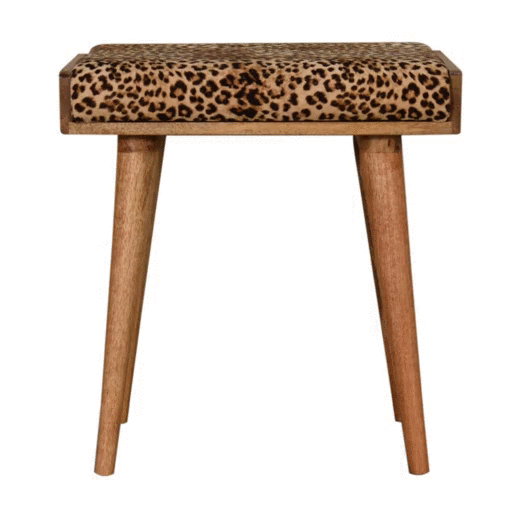 Leopard Velvet Tray Style Footstool with upholstered animal print top and solid mango wood legs. 360 degree GIF