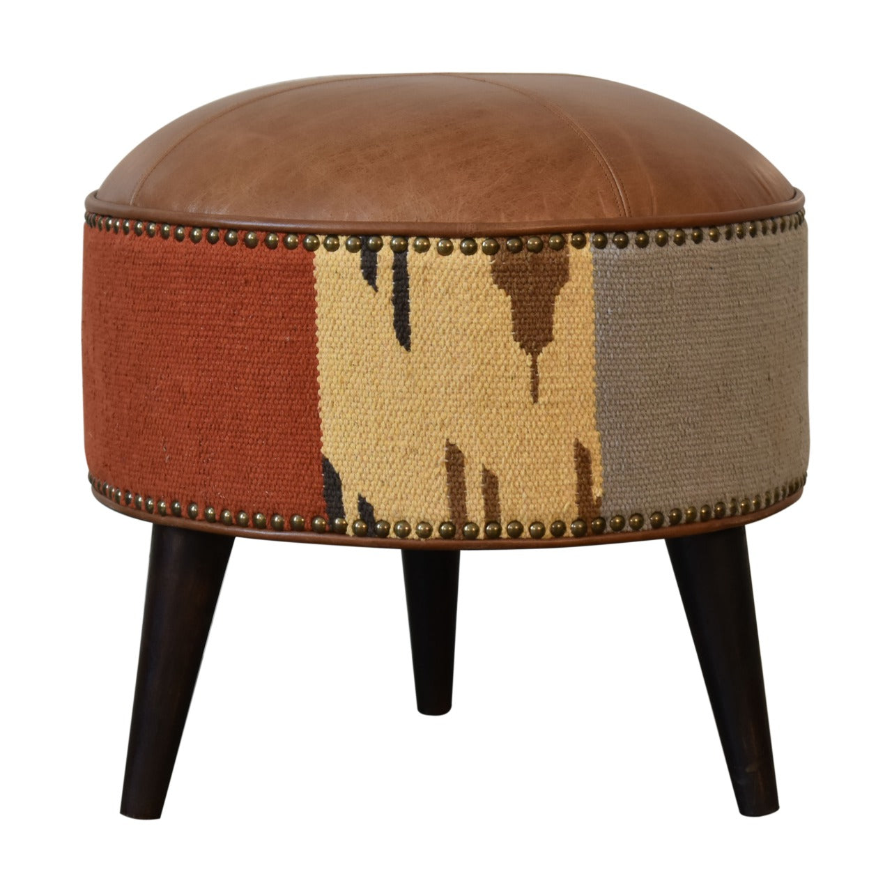 Durrie & Leather Mixed Footstool with Nordic-style legs, buffalo leather, and durrie print