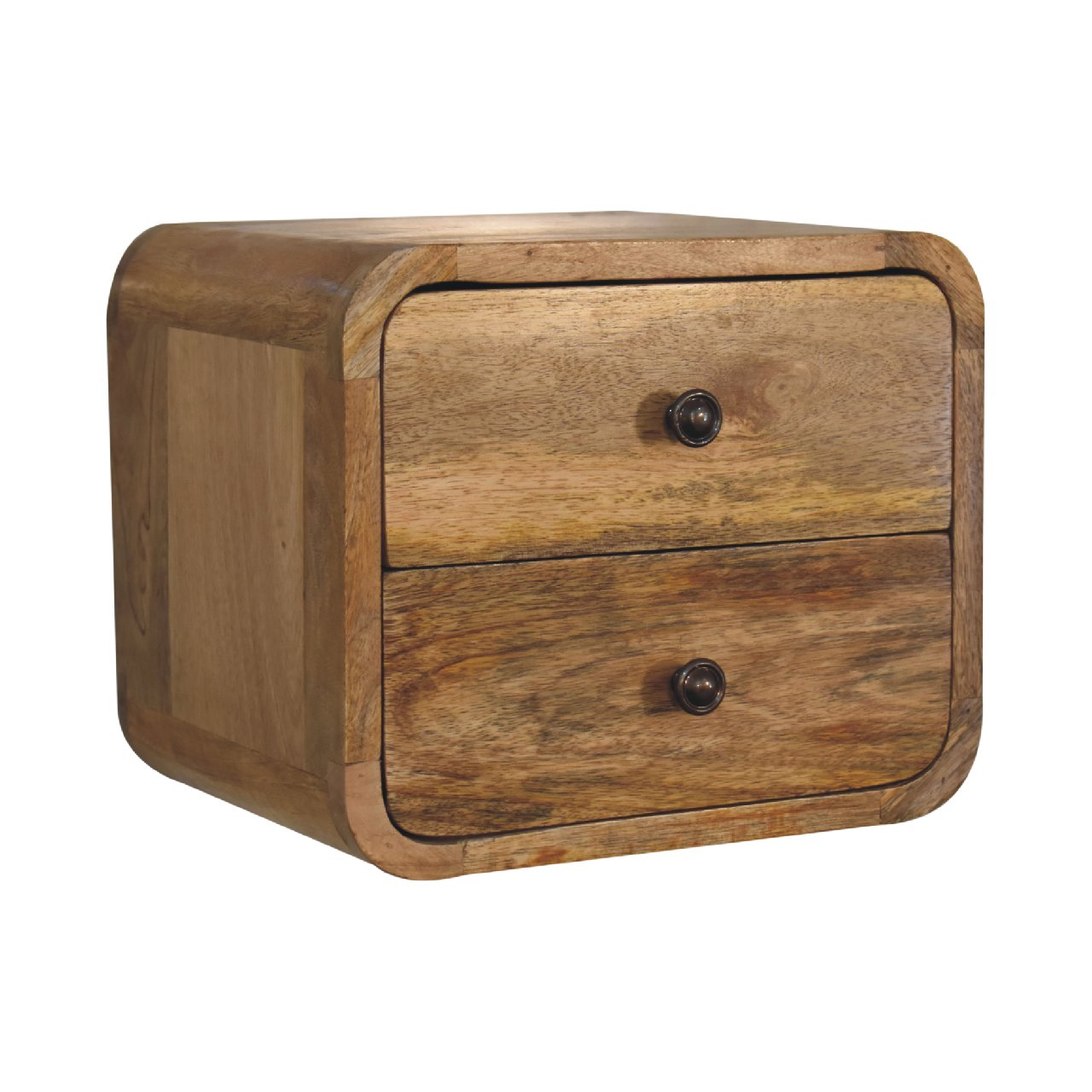 Mini Oak Wall-Mounted Unit made from solid mango wood with two drawers and curved design. Detailed  view