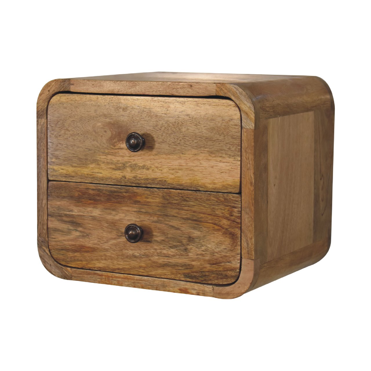 Mini Oak Wall-Mounted Unit made from solid mango wood with two drawers and curved design. Corner view