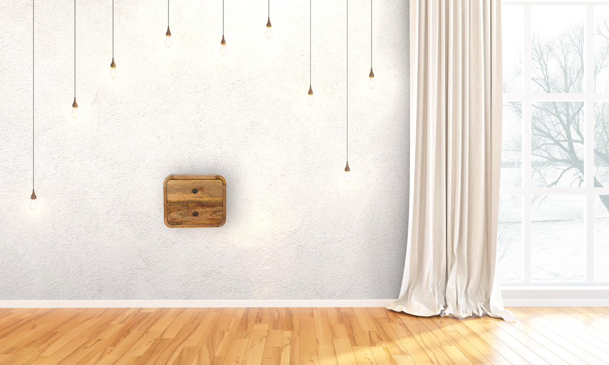 Mini Curve Oak Floating Nightstand – wall-mounted curved wood bedside table. mounted on a wall view