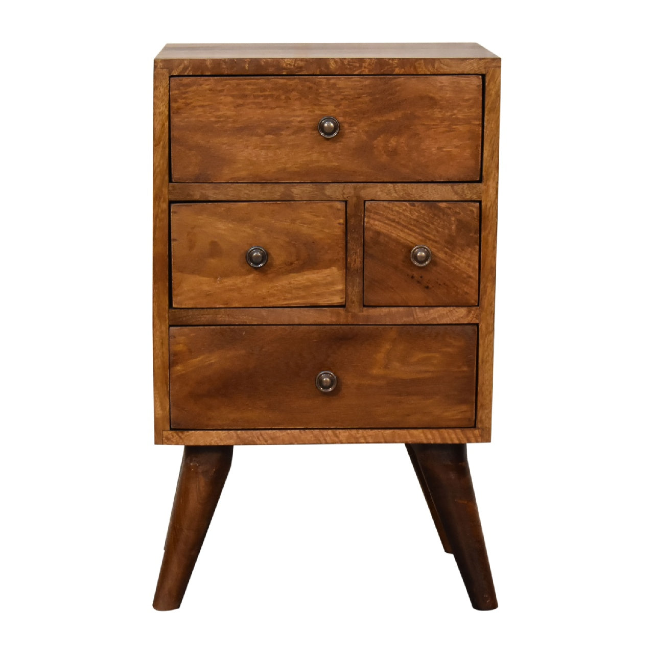 4 Drawer Chestnut Nightstand made from solid mango wood with smooth finish, four drawers, and Nordic-style legs.