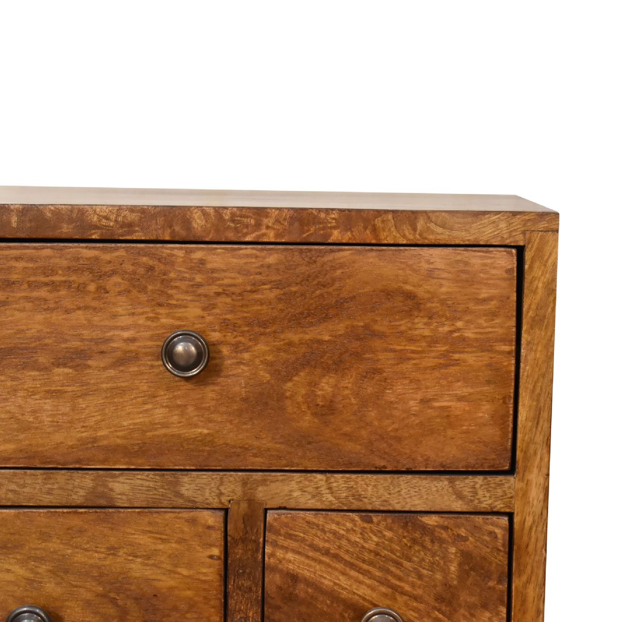 4 Drawer Chestnut Nightstand made from solid mango wood with smooth finish, four drawers, and Nordic-style legs. Full view of the knob