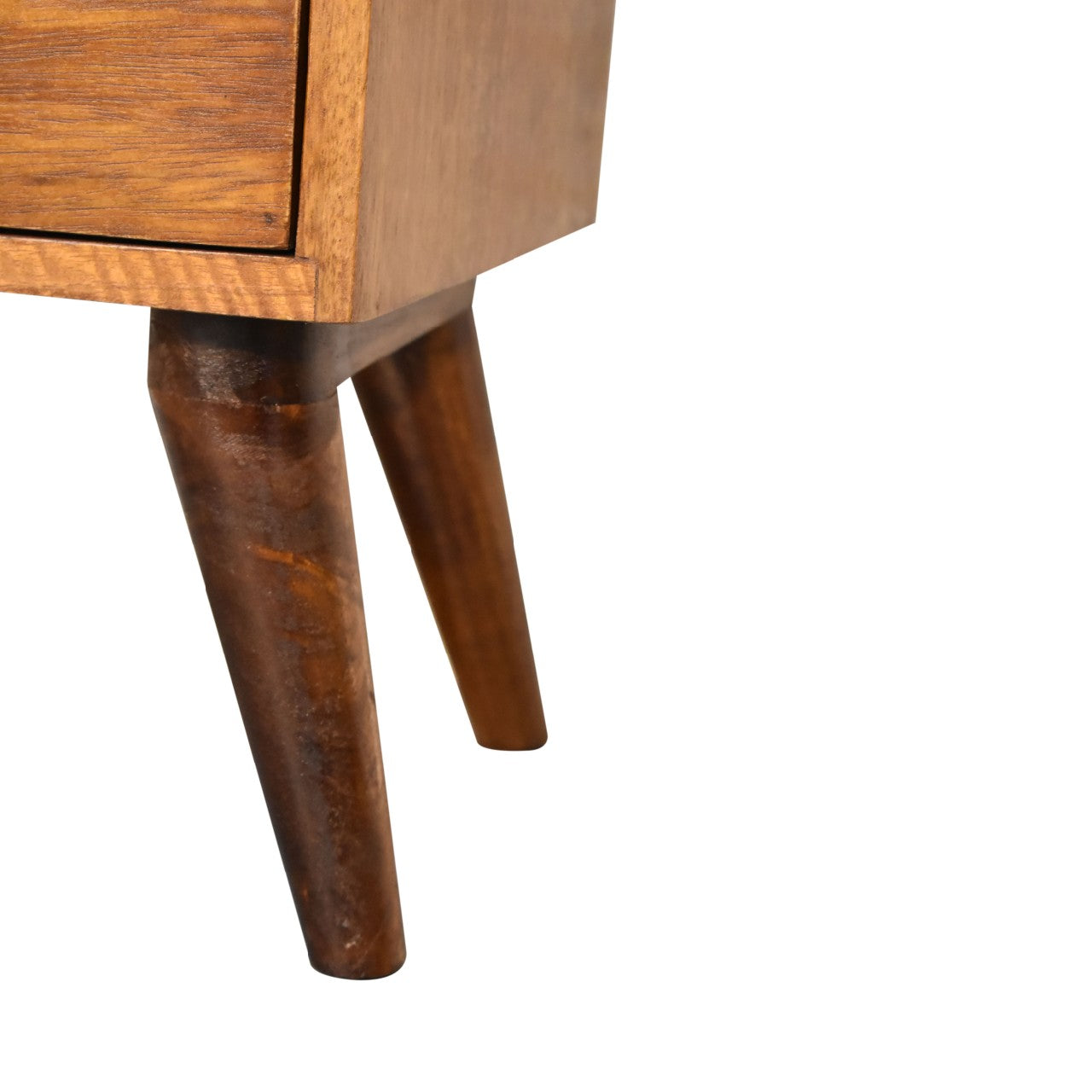 4 Drawer Chestnut Nightstand made from solid mango wood with smooth finish, four drawers, and Nordic-style legs. Leg view