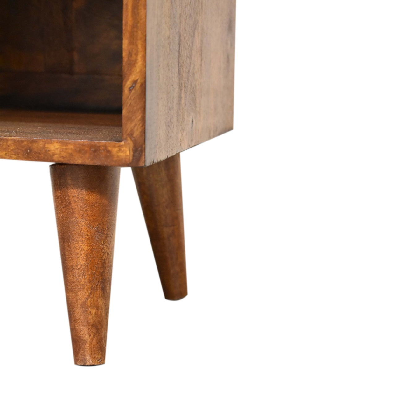 Mini Manila Gold Chestnut Nightstand with brass plated drawer, open storage slot, and Nordic style legs. Leg view