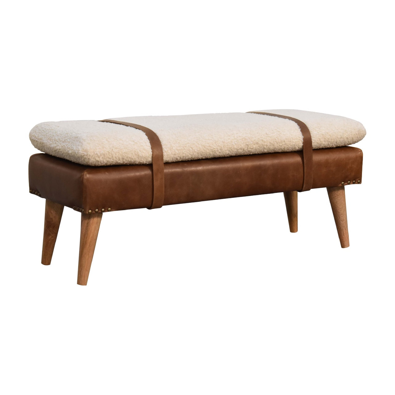 Modern boucle bench with white cushion and buffalo hide leather base – rustic accent seating for living room or entryway.