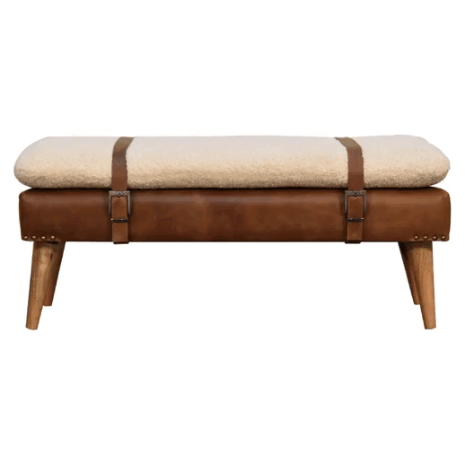 Modern boucle bench with white cushion and buffalo hide leather base – rustic accent seating for living room or entryway.