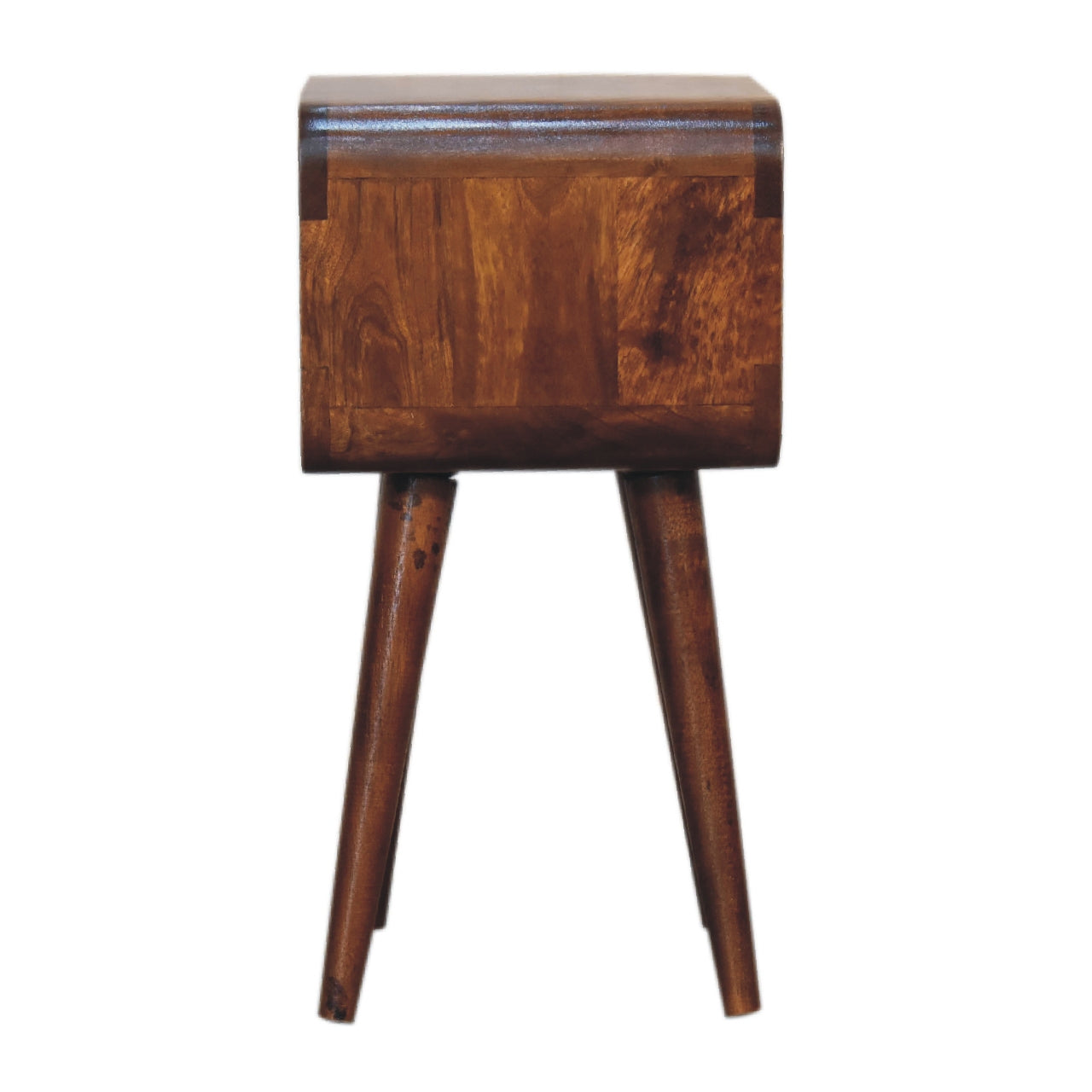 Mini Chestnut Open Nightstand made from solid mango wood with four tapered legs and one open storage compartment. Side view