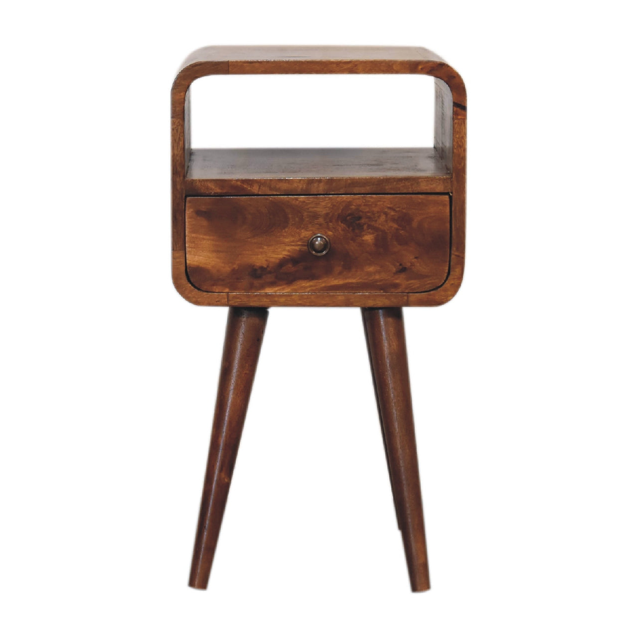 Mini Chestnut Curve Open Nightstand with 1 drawer, 1 open slot, and Nordic style legs.