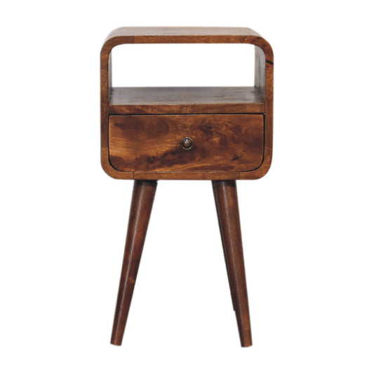 Mini Chestnut Curve Open Nightstand with 1 drawer, 1 open slot, and Nordic style legs.