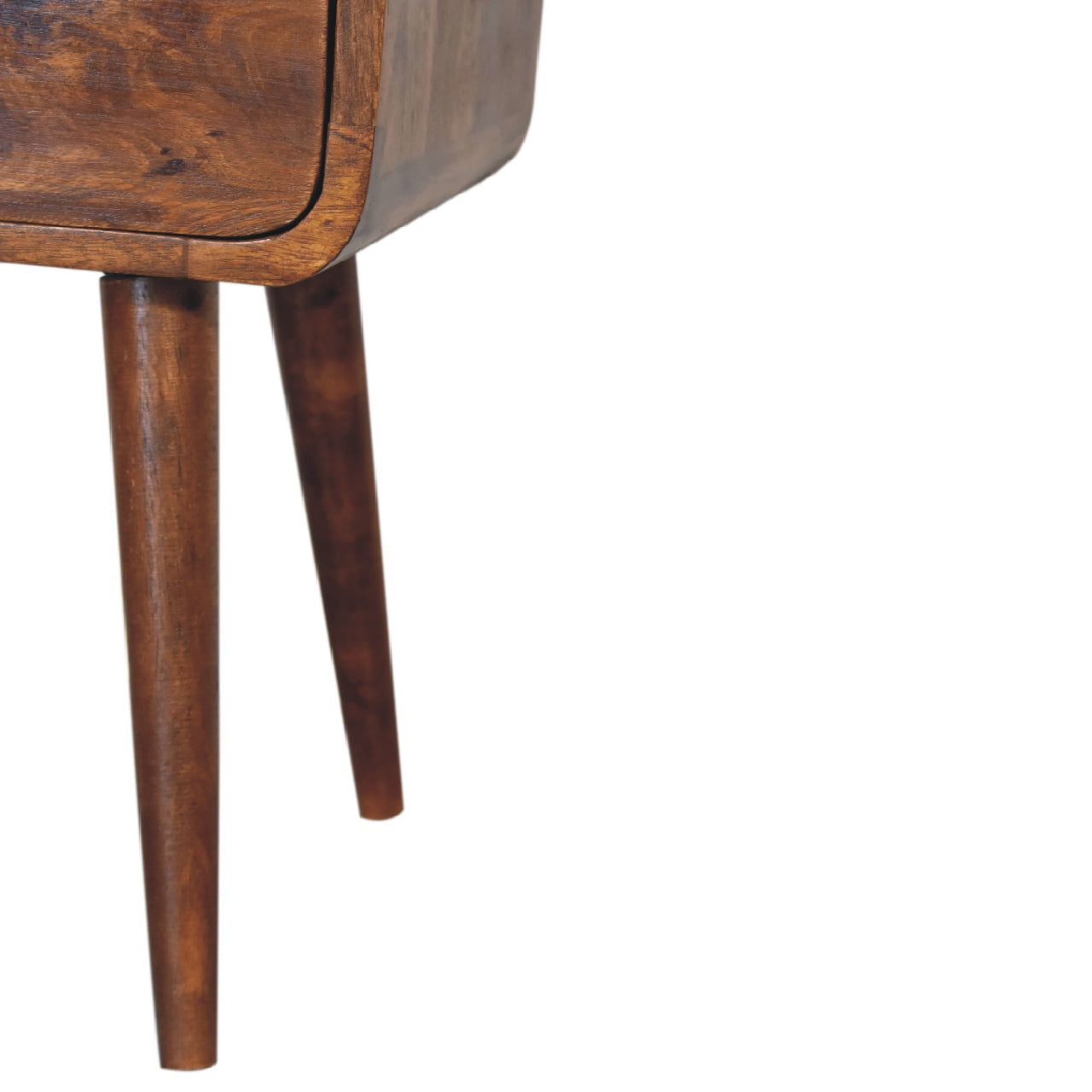 Mini Chestnut Curve Open Nightstand with 1 drawer, 1 open slot, and Nordic style legs. Leg view