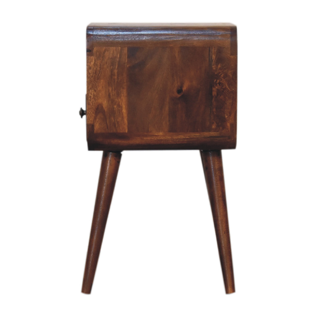 Mini Chestnut Curve Open Nightstand with 1 drawer, 1 open slot, and Nordic style legs. Side view