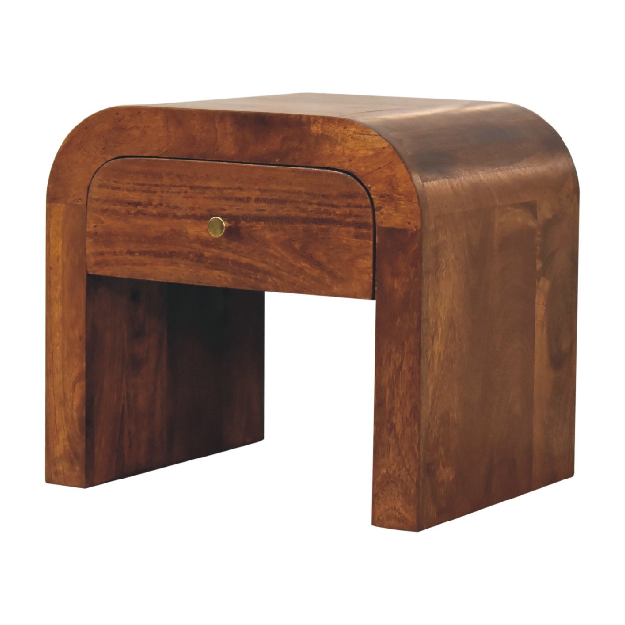 Darcy chestnut nightstand with curved edges and one drawer with brass knob