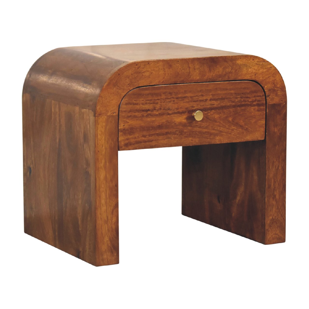 Darcy chestnut nightstand with curved edges and one drawer with brass knob. Detailed view