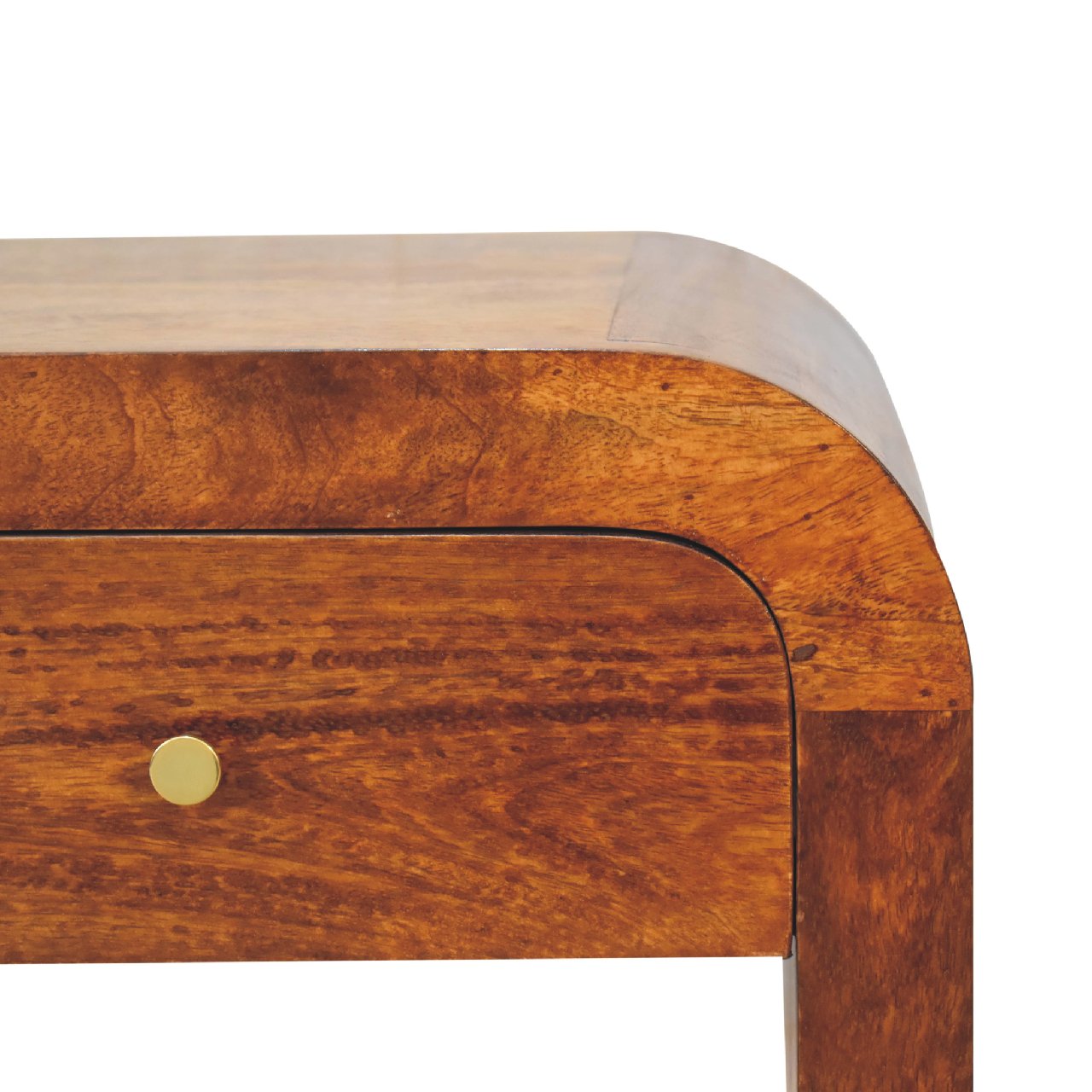 Darcy chestnut nightstand with curved edges and one drawer with brass knob. Drawer corner view