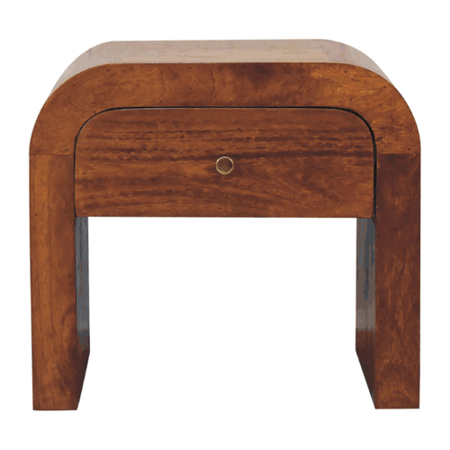 Darcy chestnut nightstand with curved edges and one drawer with brass knob. GIF