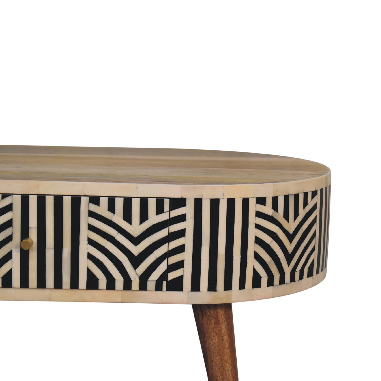 Edessa Bone Inlay Coffee Table with intricate bone inlay, drawers, and Nordic style legs. Half corner view