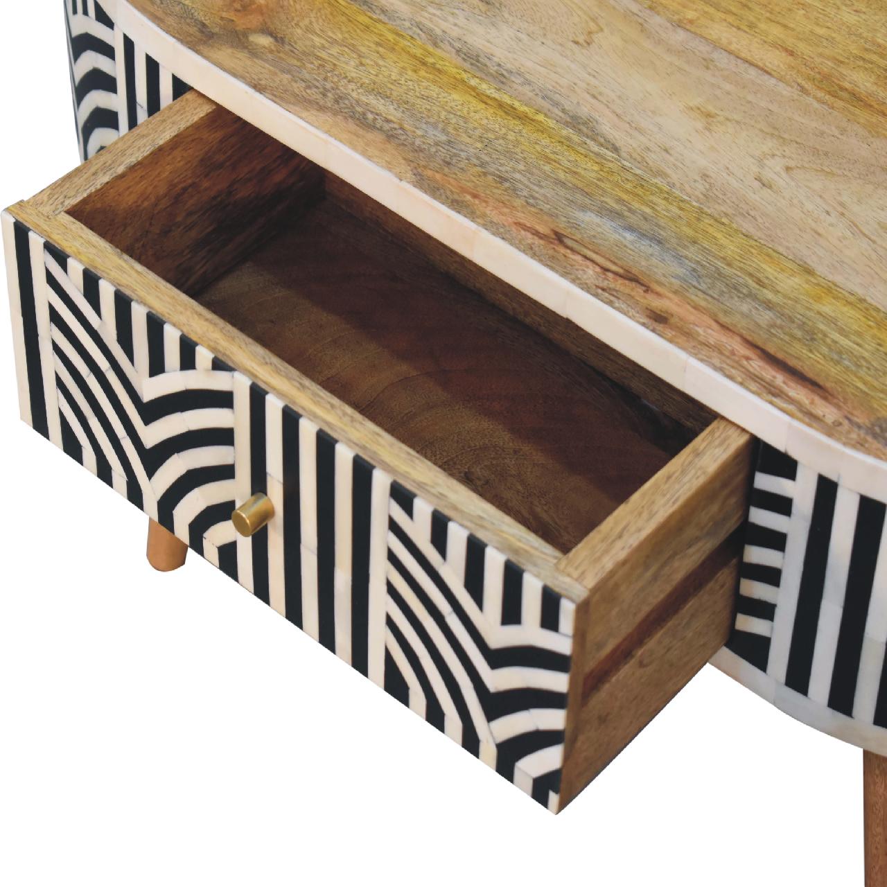 Edessa Bone Inlay Coffee Table with intricate bone inlay, drawers, and Nordic-style legs. Opened drawer view