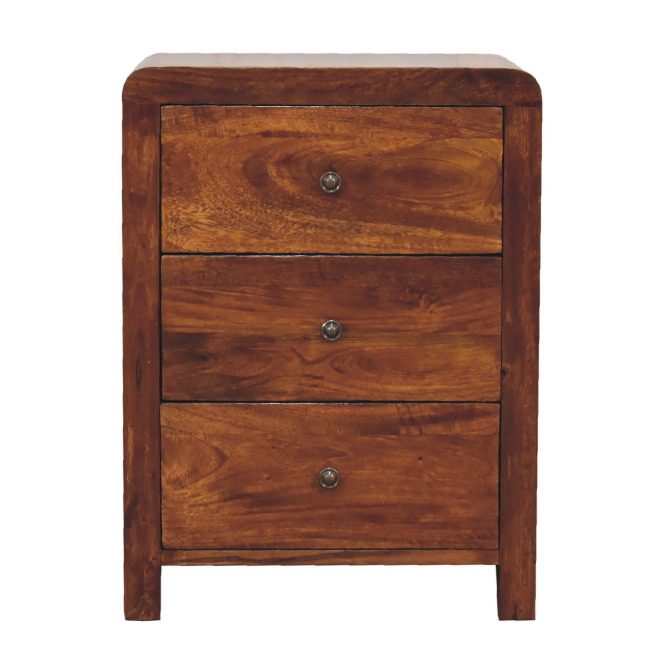 Naya Chestnut Nightstand made from solid mango wood with three drawers and brass knobs
