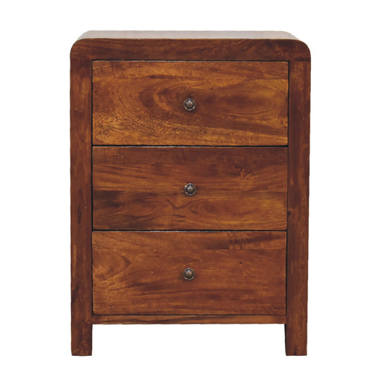 Naya Chestnut Nightstand made from solid mango wood with three drawers and brass knobs