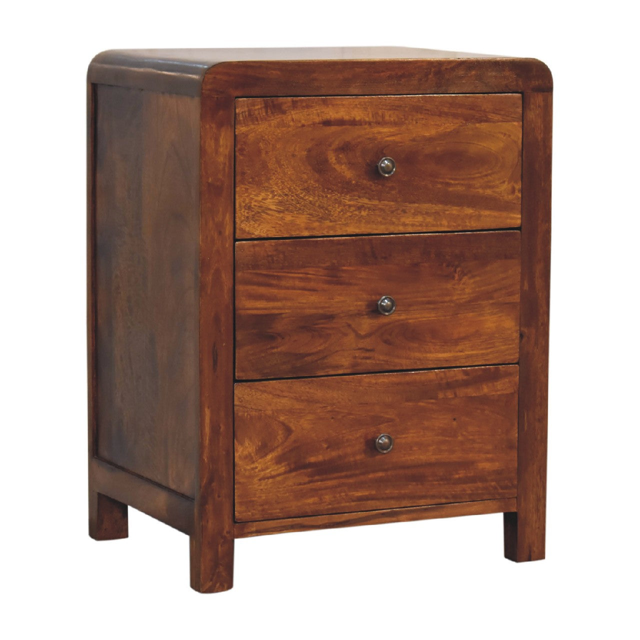 Naya Chestnut Nightstand made from solid mango wood with three drawers and brass knobs