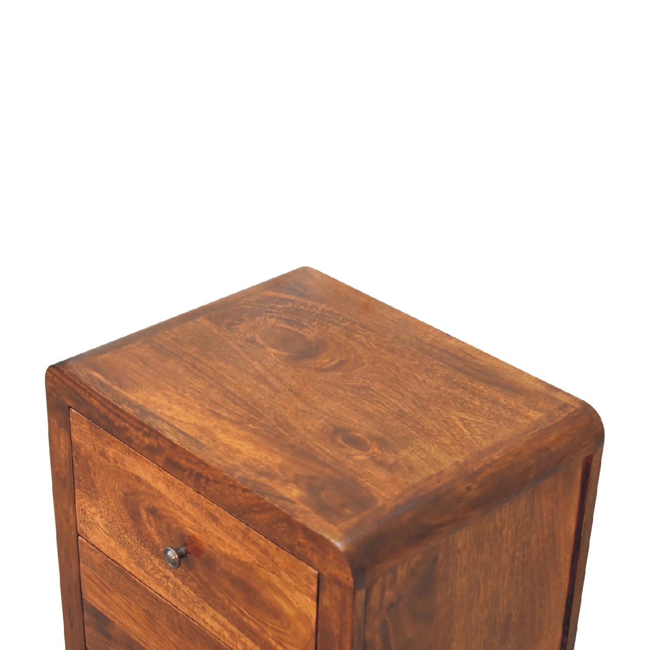 Naya Chestnut Nightstand made from solid mango wood with three drawers and brass knobs. Top view