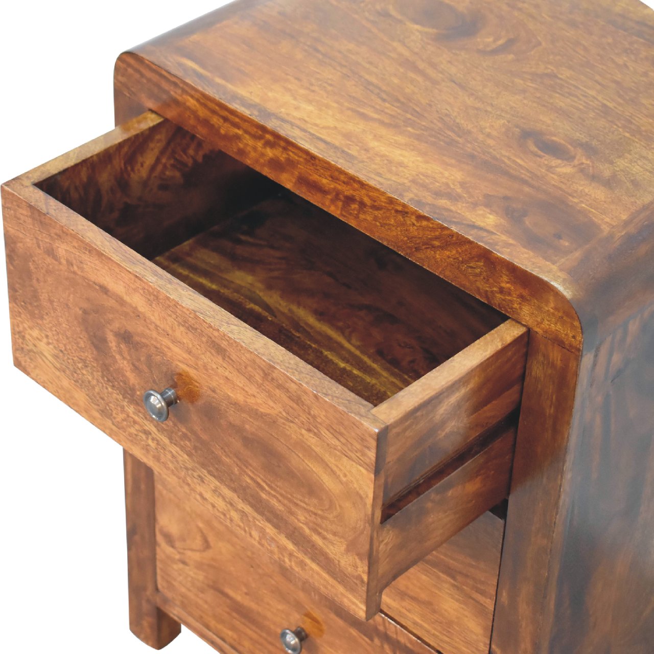 Naya Chestnut Nightstand made from solid mango wood with three drawers and brass knobs. opened drawer view