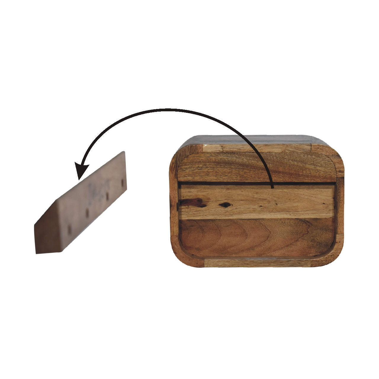 Oak-ish floating open curve nightstand with 2 open shelves. Wall-mounted  and solid mango wood. Bottom view and the wall mount wood.