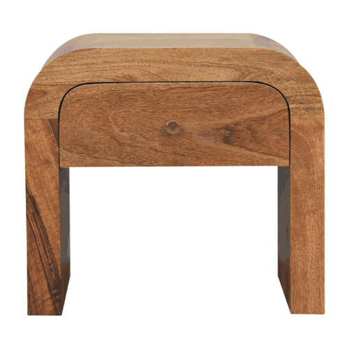 Darcy nightstand with one drawer, open shelf, brass knob, and solid mango wood frame in chestnut finish. 360 degree GIF