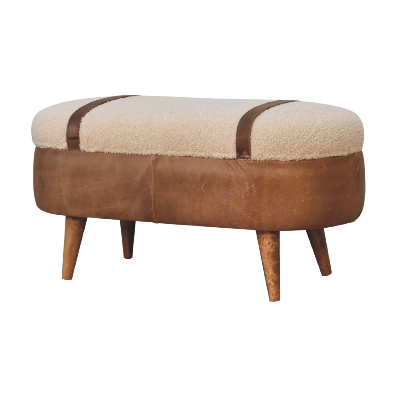 Tan Boucle and Buffalo Leather Bench with cotton boucle seat, leather straps, and oak finish legs