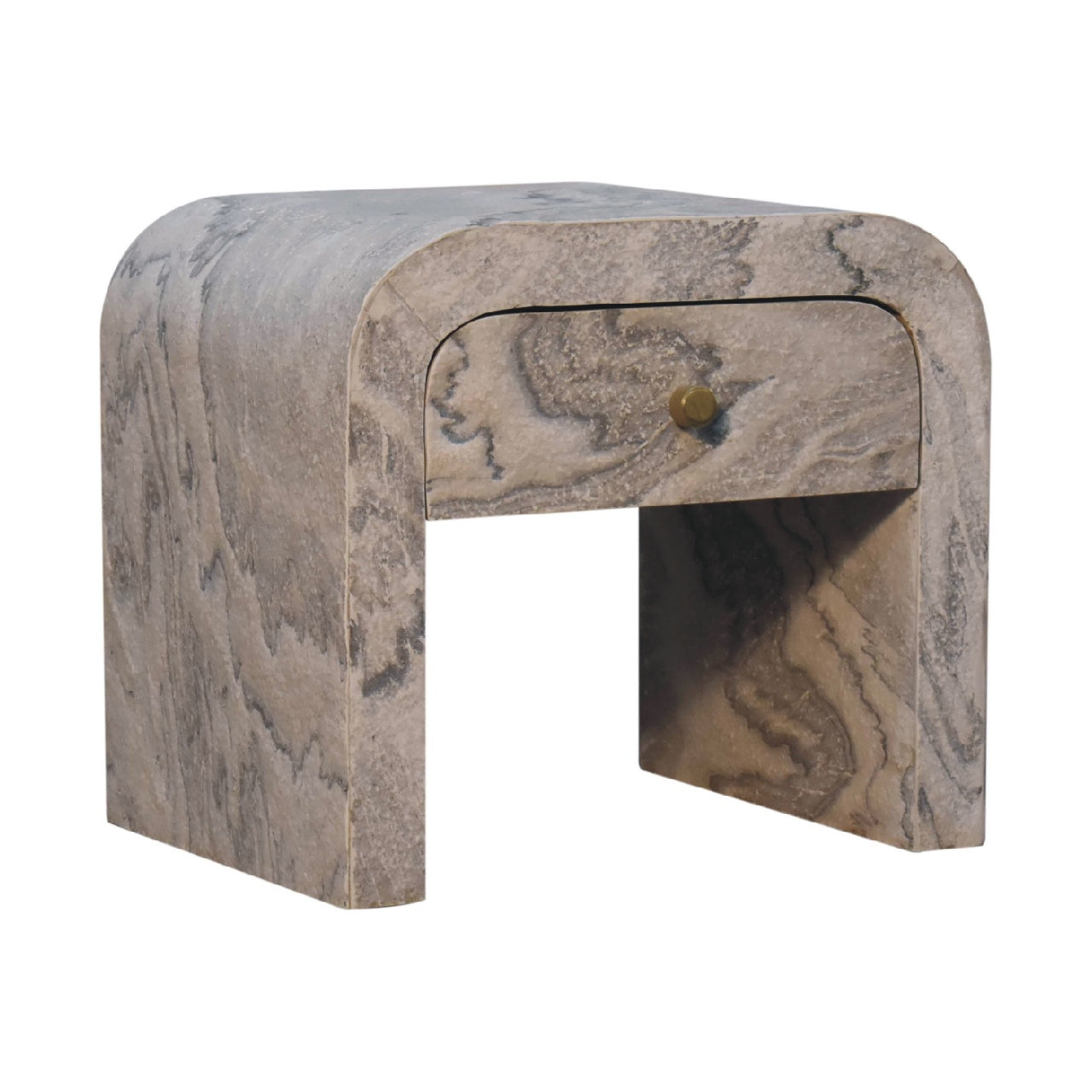 Nouveau nightstand with marble effect veneer, solid mango wood frame, and brass round knob