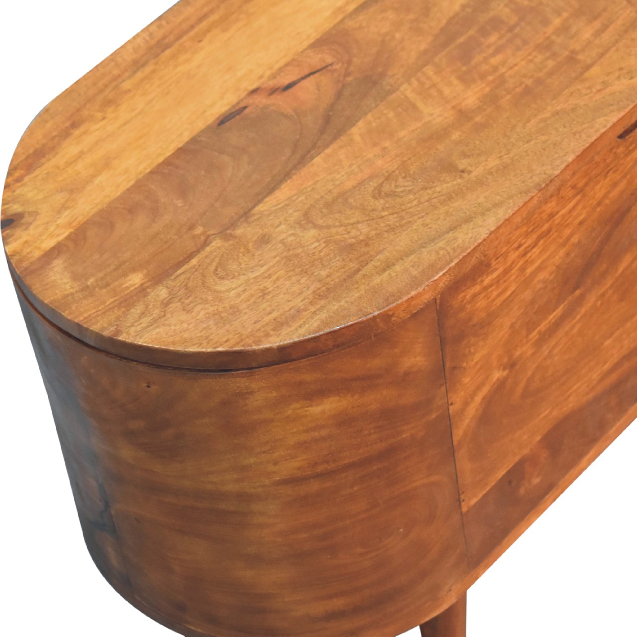 Chestnut Rounded Lid Up Blanket Box made from solid mango wood with hinged lid and rounded design. Top view