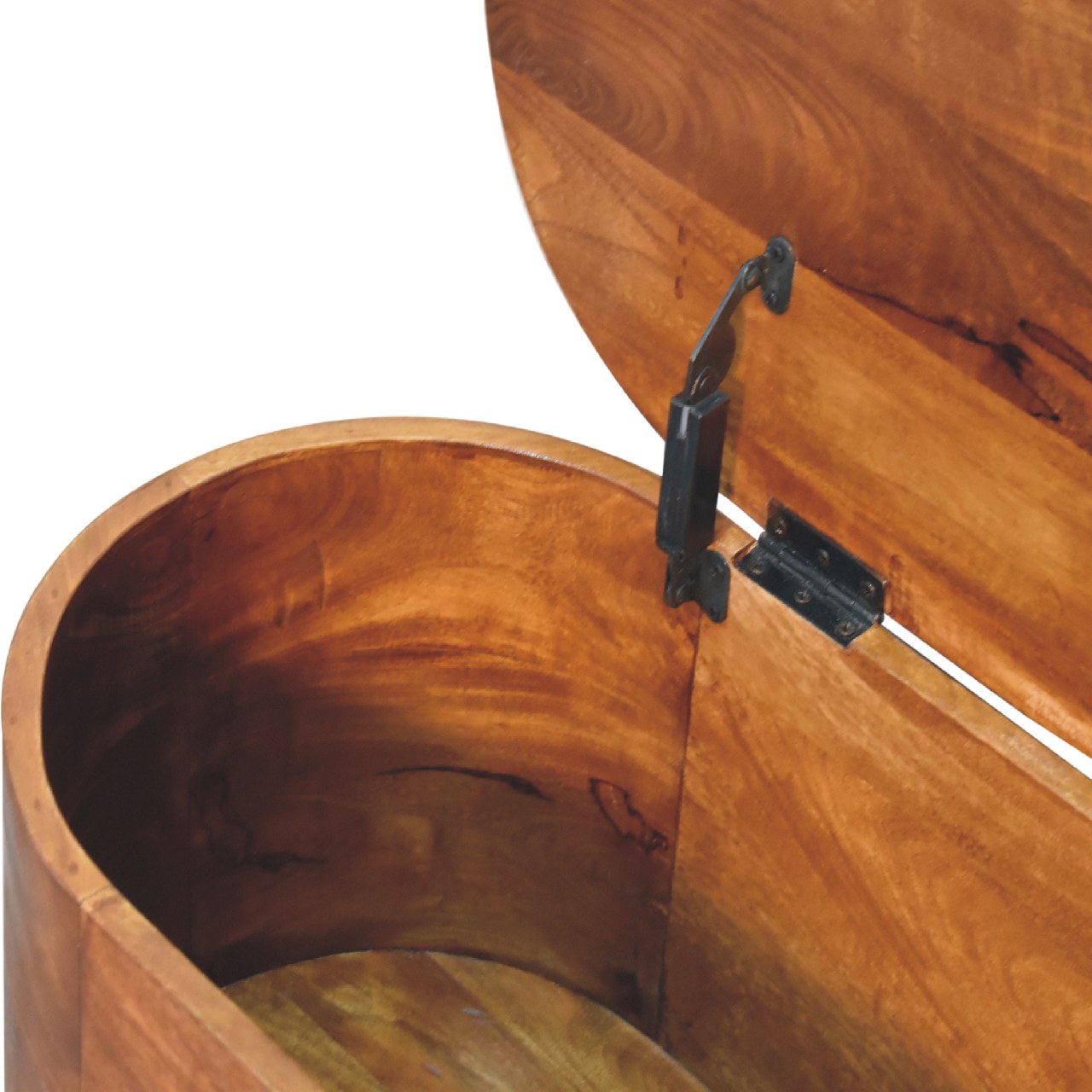 Chestnut Rounded Lid Up Blanket Box made from solid mango wood with hinged lid and rounded design. inside view of box