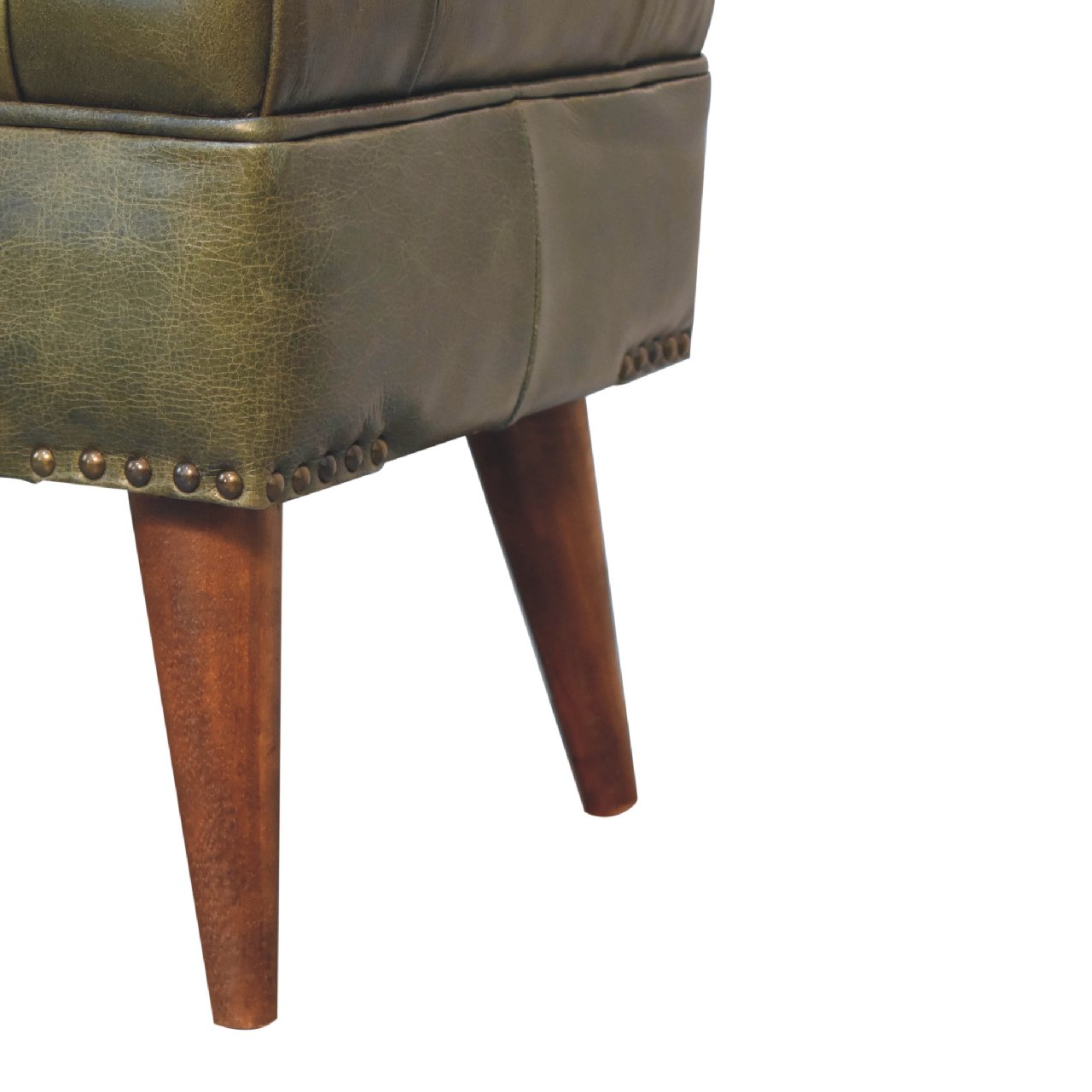 Harbour Bench with solid mango wood legs and olive buffalo leather seat with deep button design. leg view