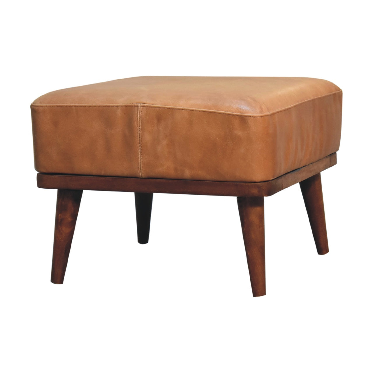 Tan Buffalo Leather Footstool with solid mango wood legs in chestnut finish. Corner view