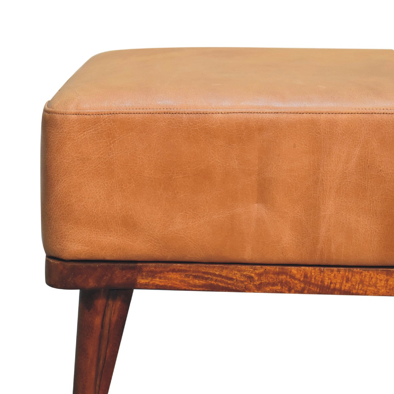 Tan Buffalo Leather Footstool with solid mango wood legs in chestnut finish. Half front view