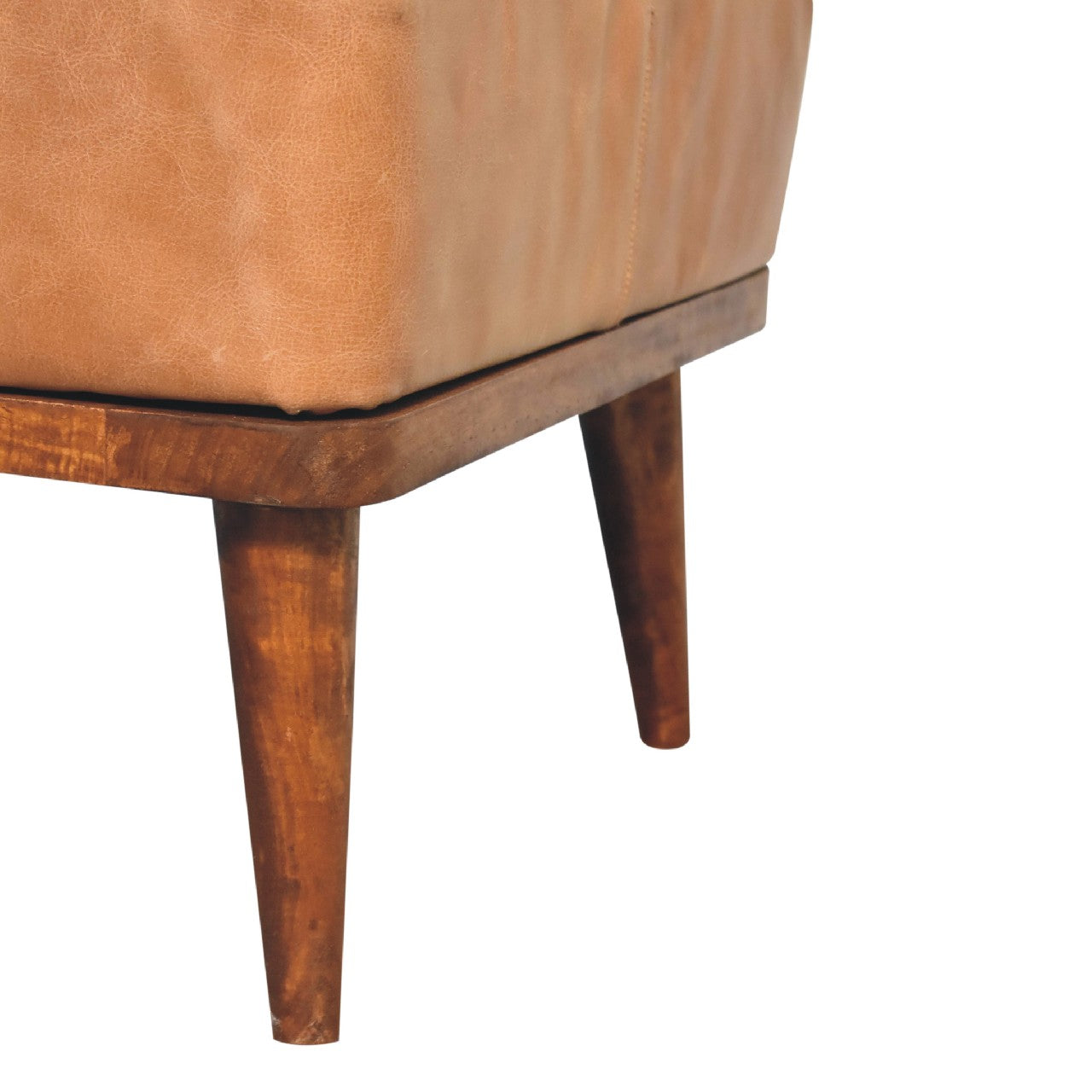 Tan Buffalo Leather Footstool with solid mango wood legs in chestnut finish. Leg view