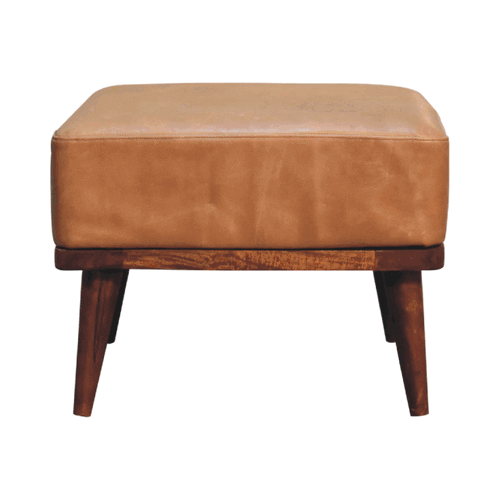  Tan Buffalo Leather Footstool with solid mango wood legs in chestnut finish. 360 degree GIF