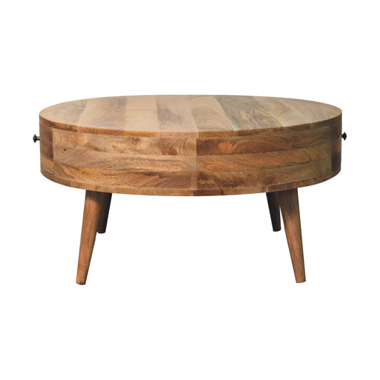 Odyssey Oak-ish Coffee Table made from solid mango wood with circular design and drawer with brass knob.