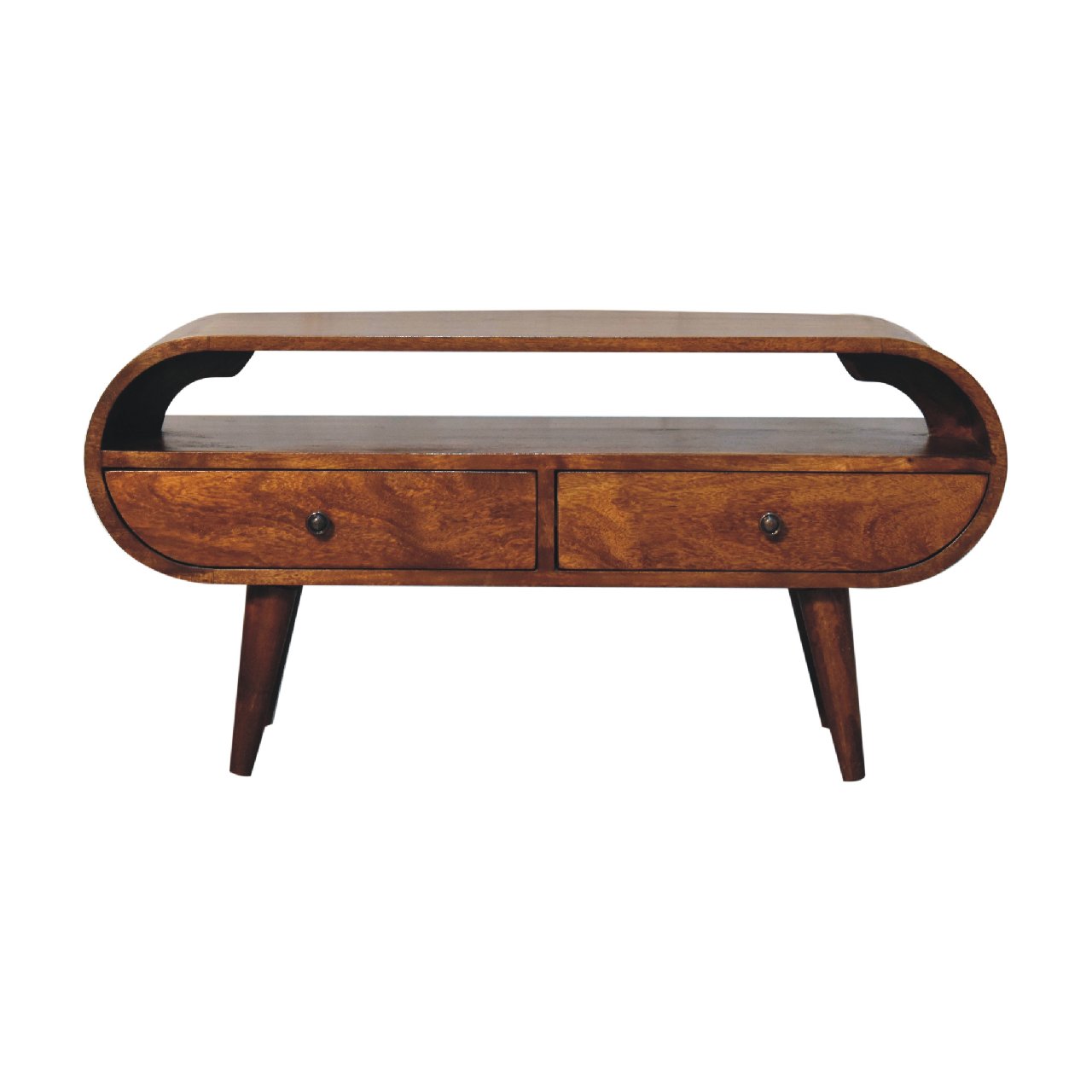 Chestnut Circular TV Stand made from solid mango wood with 2 drawers, open slot, and Nordic-style legs