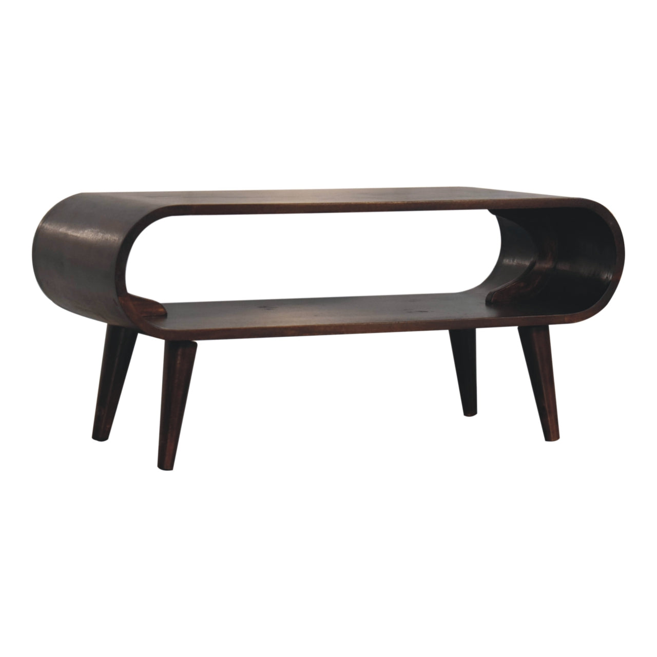 Amaya light walnut coffee table with Nordic legs and open shelf design. Corner view