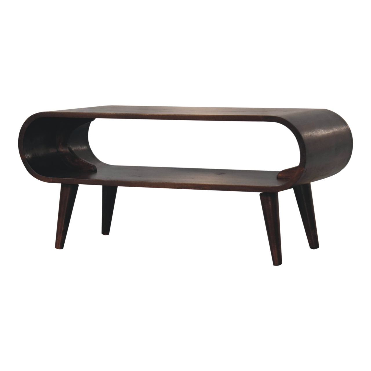 Amaya light walnut coffee table with Nordic legs and open shelf design, Left corner view